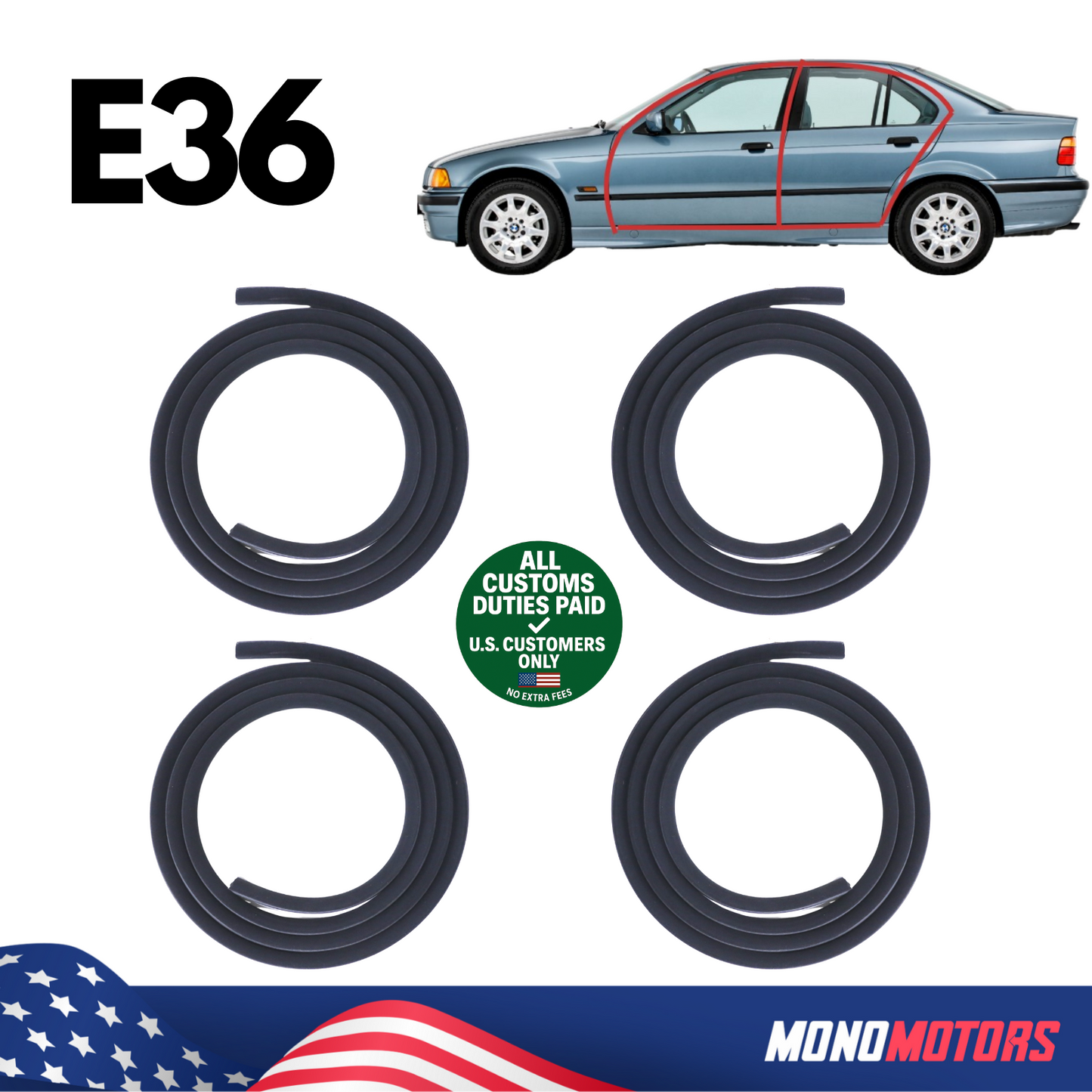 Rubber Door Seal Set Velvet for BMW E36 Sedan OEM 51728196290