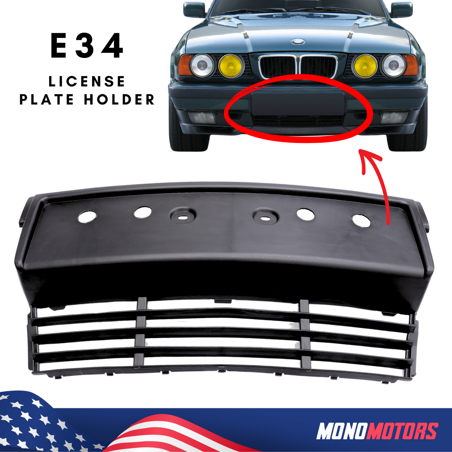 Front Bumper License Plate Holder Grille for BMW E34 5SERIES 1988-94 Sedan Wagon
