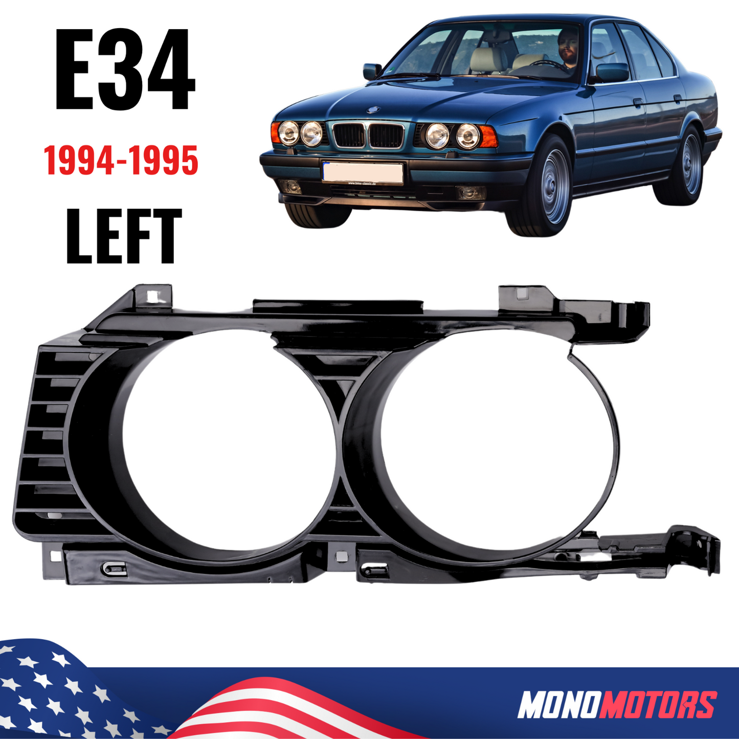 Left Headlight Grille for BMW E34 530i 540i 1994 1995 Plastic Headlight Grille
