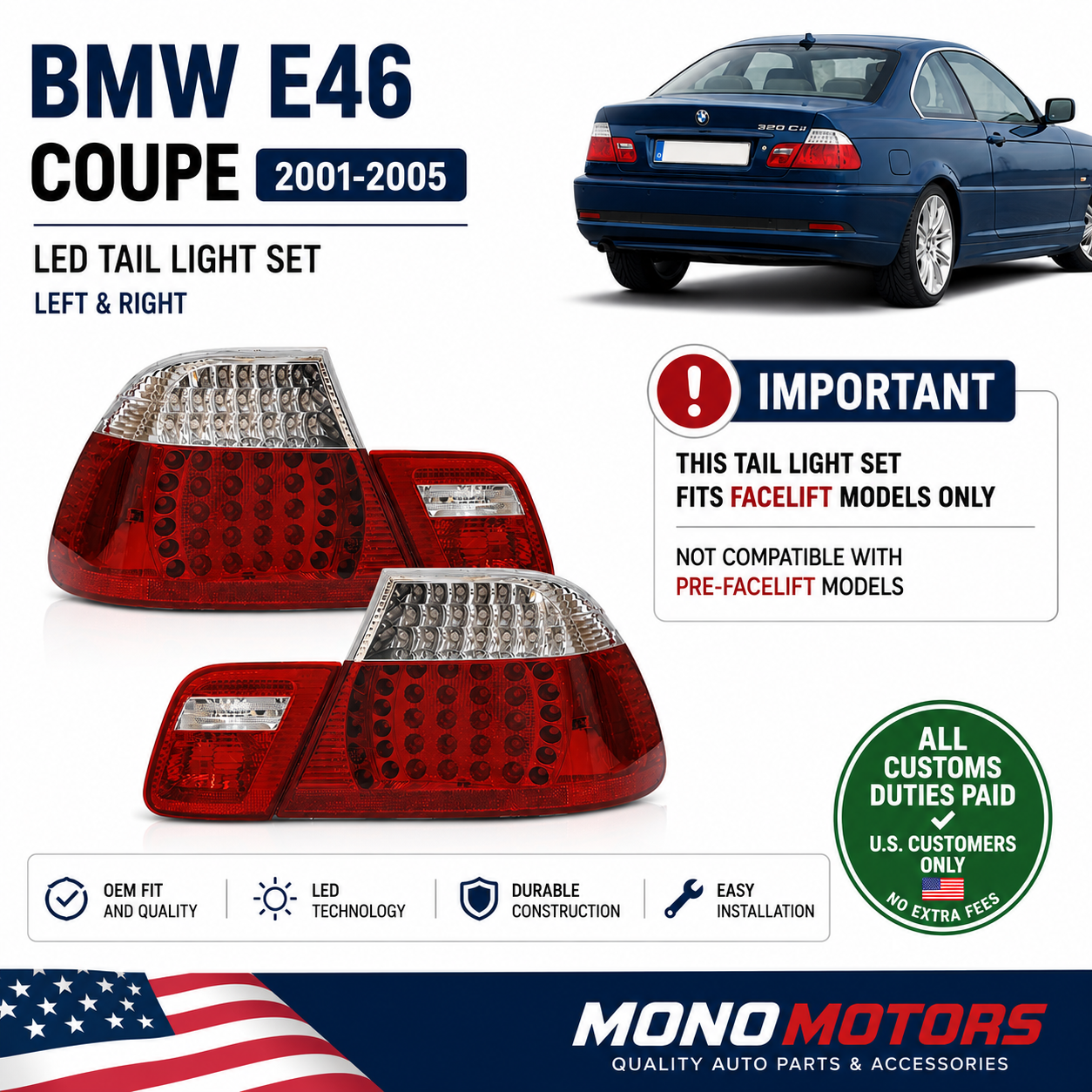 Red Clear Full LED Tail Lights Pair for BMW E46 Facelift Coupe 2001-2005