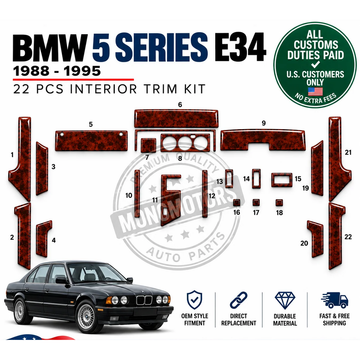Mahogany Wood Look Dash Trim Kit for BMW 5 Series E34 1988-1995 22 Pcs