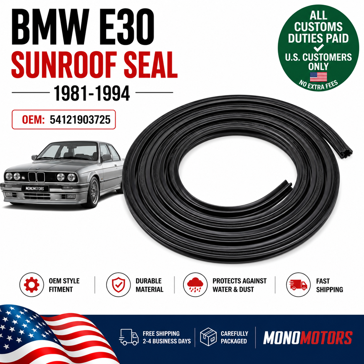 Sunroof Seal for BMW 3 Series E30 1981-1994 Metal Reinforced Rubber