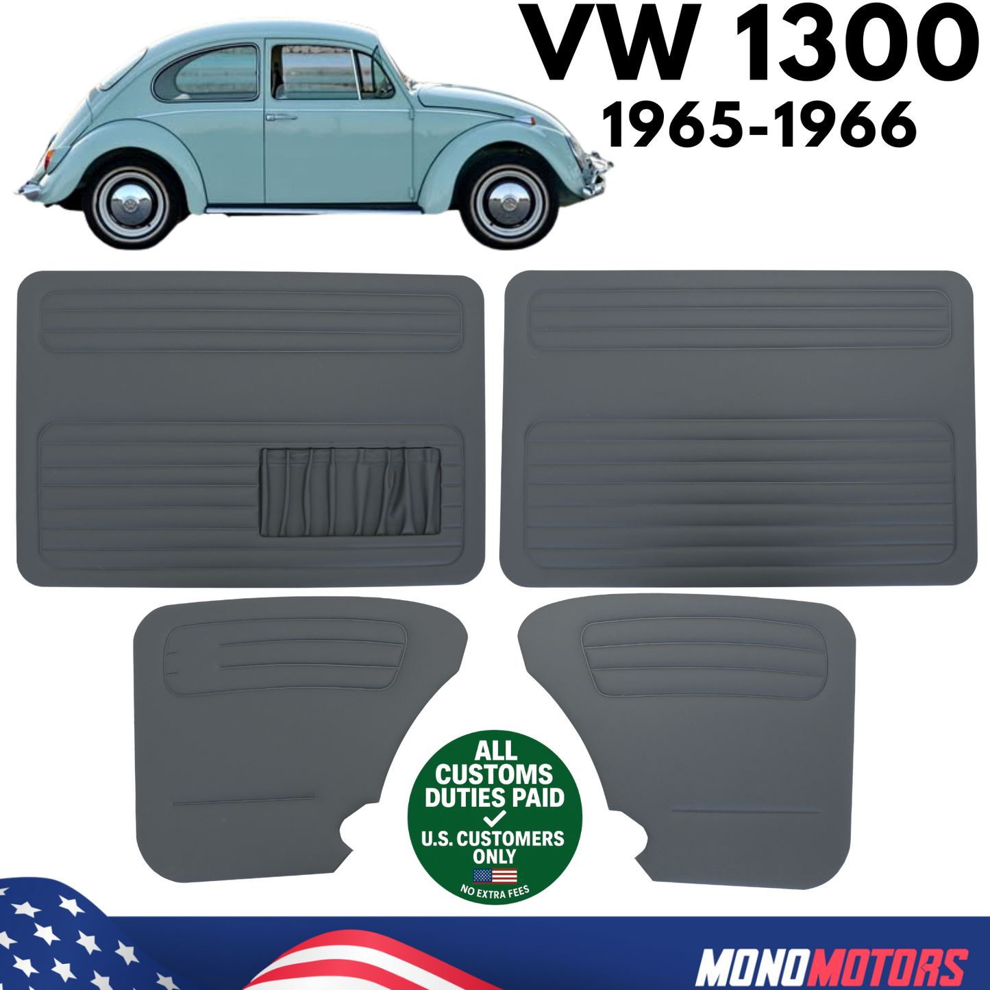 Door Panel Set for VW Beetle 1300 1965-1966 Grey Cardboard Interior Trim 4pcs