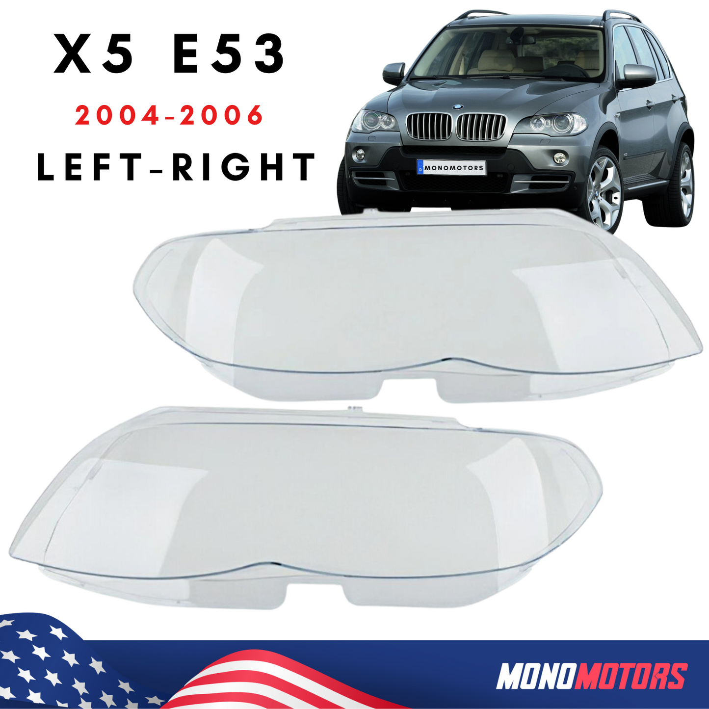 Pair Headlight Lens Cover for BMW X5 E53 2004 - 06 Clean Smooth Headlamp Cover