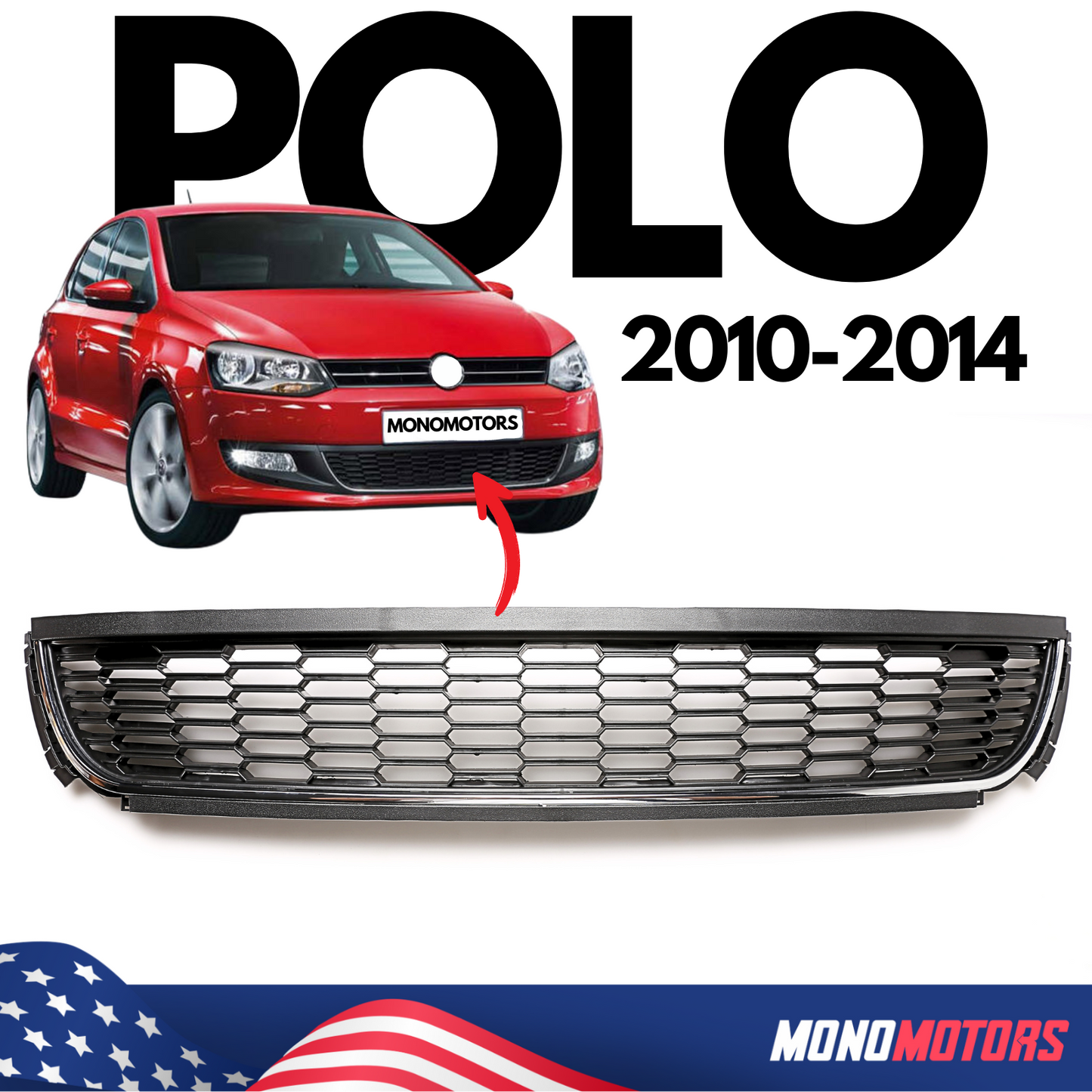 Front Bumper Lower Grille Black with Chrome Trim for VW Polo 2010-2014 6R0853671