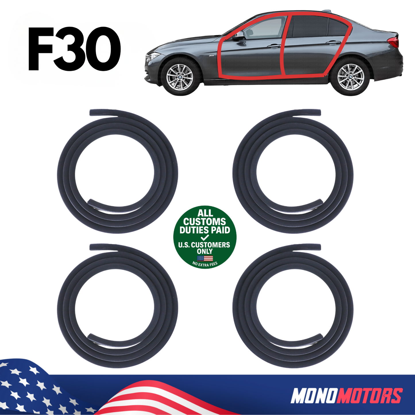 Rubber Door Seal Set Velvet for BMW F30 Sedan OEM 51728196290