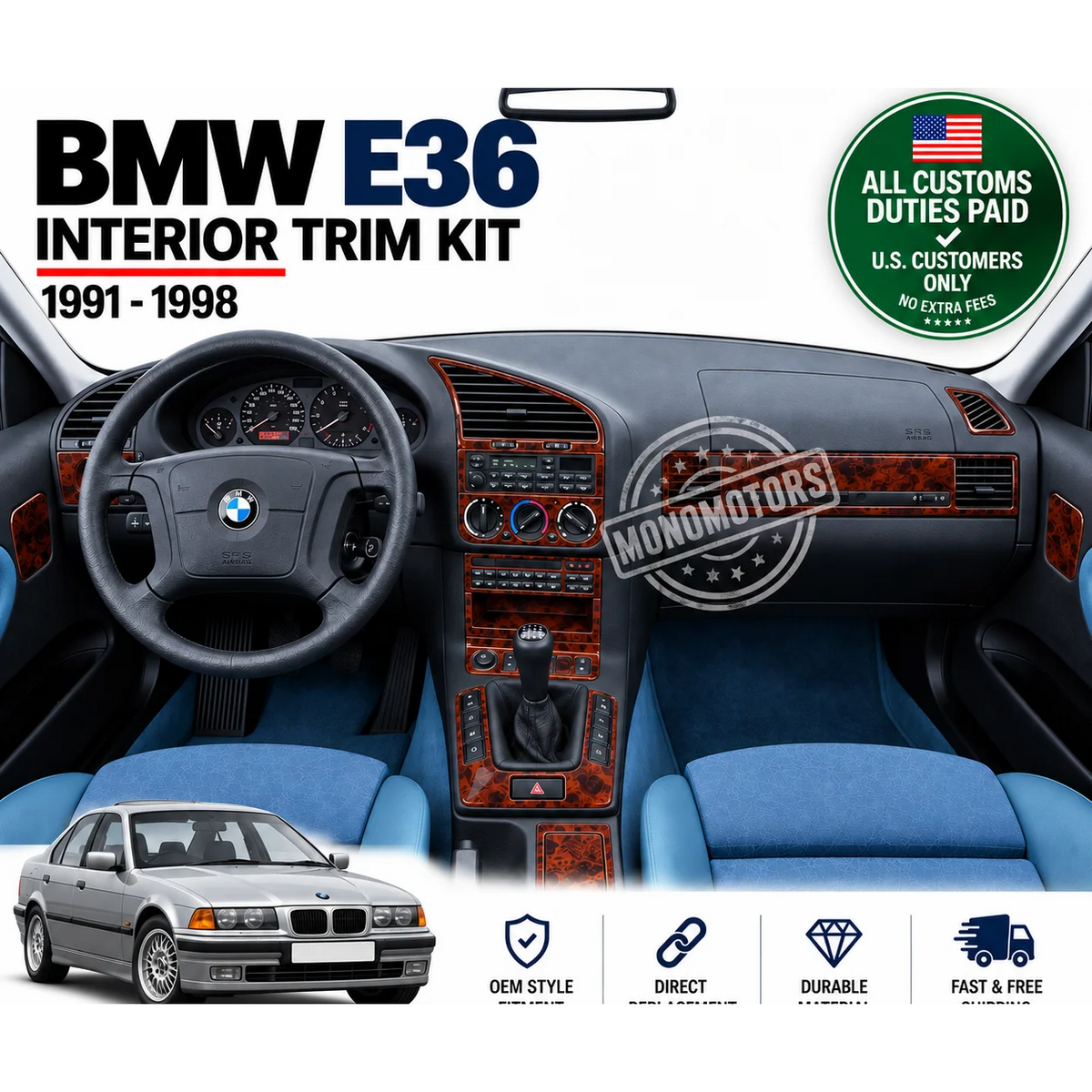 Mahogany Dash Trim Kit for Mercedes C Class W202 1993-2000 16 Pieces Wood Look