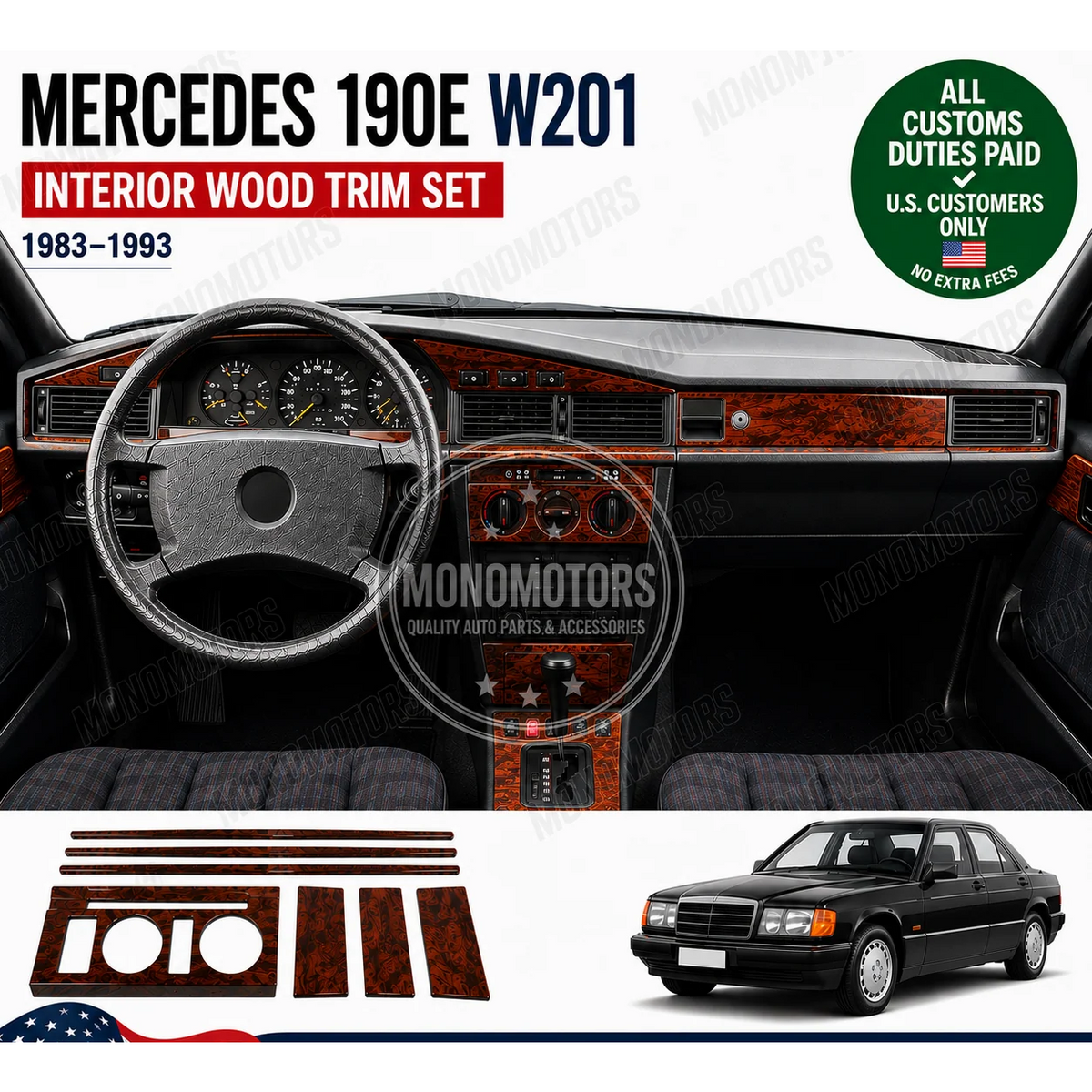 Wood Look Dash Trim Kit for Mercedes 190e W201 Walnut Self Adhesive 1983-1993