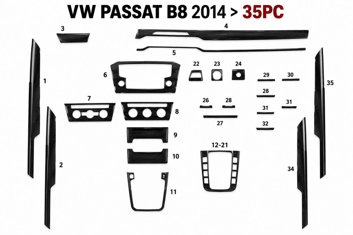 Interior Trim Kit for Volkswagen Passat B8 Dashboard Piano Black 35 Pcs 2014+