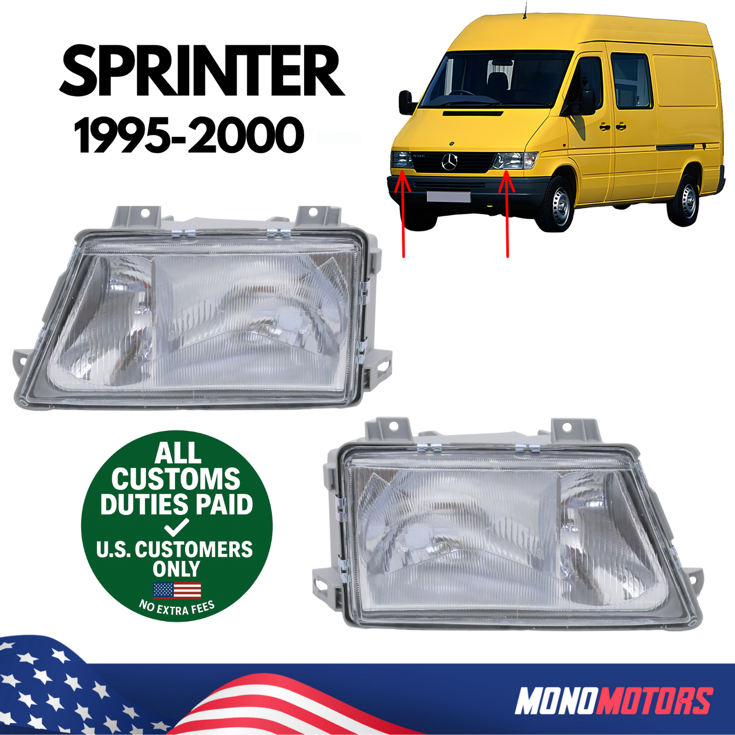 Headlight Set Left Right for Mercedes Sprinter 1995-2000 Manual Non-fog