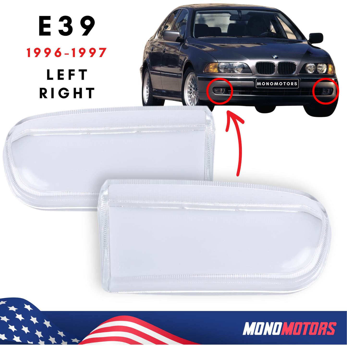 Fog Light Glass for BMW E39 528i 540i 1996 1997 Smooth Glass Pair Left + Right