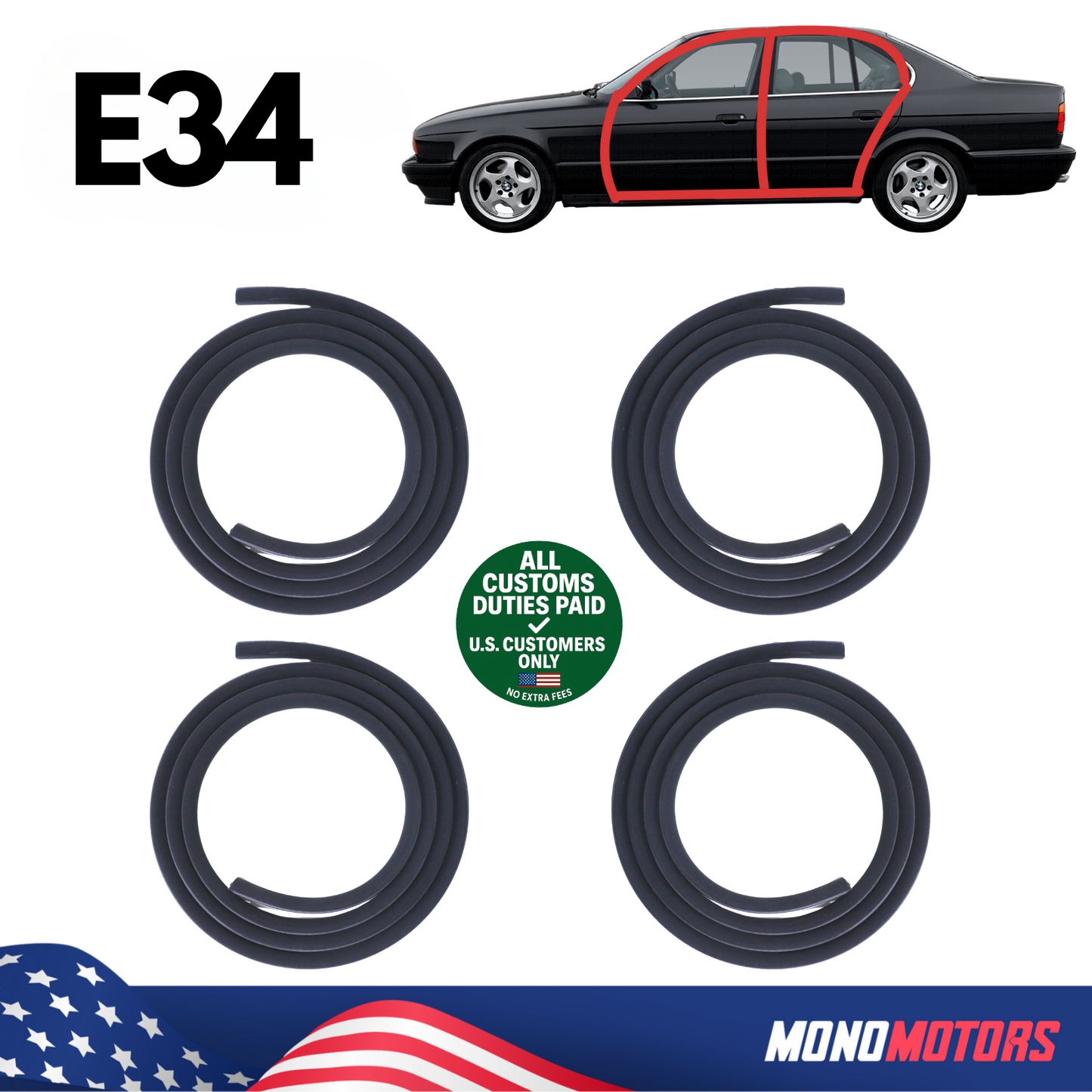 Rubber Door Seal Set Velvet for BMW E34 Sedan OEM 51728196290