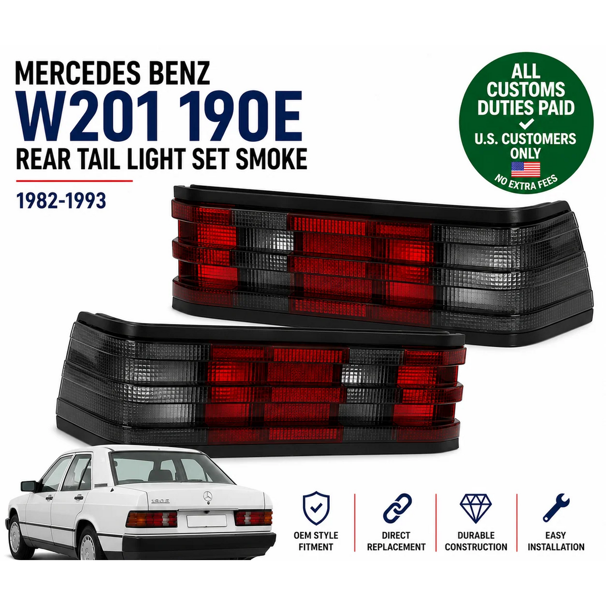 Smoke Rear Tail Light Set for Mercedes Benz W201 190e 1982-1993 Left Right
