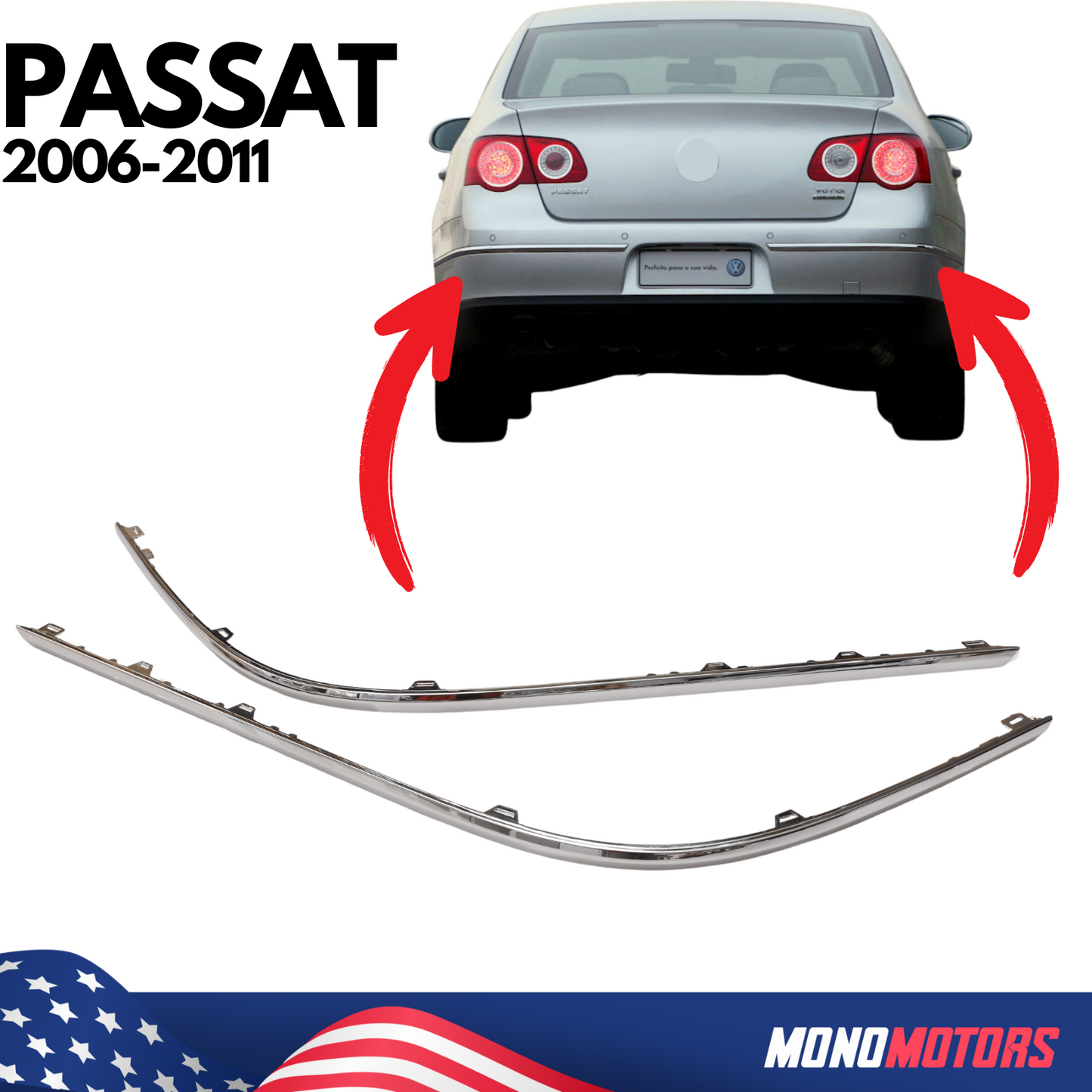 Rear Bumper Chrome Trim Strip for Volkswagen Passat B6 2006–2011 Left + Right