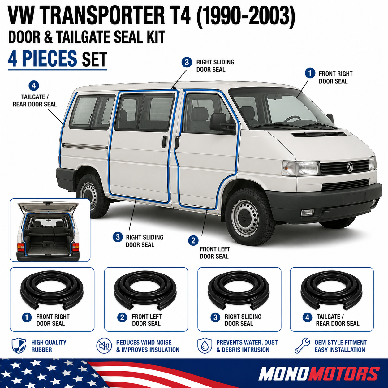 Velvet Door Seal Set for VW Transporter T4 1990–2003 4pcs Rubber