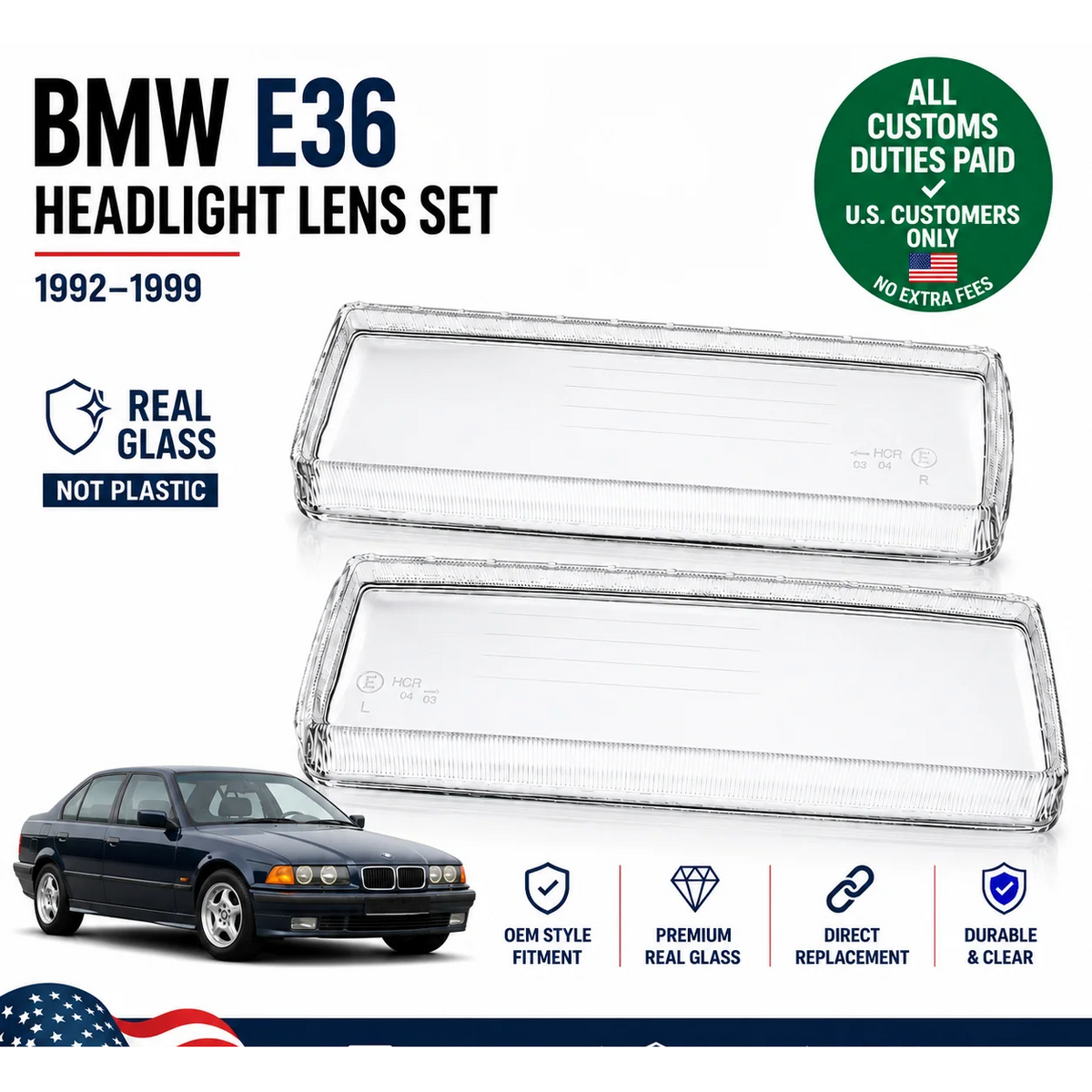Headlight Glass Lens Set for BMW E36 1992-1999 Left Right Real Glass