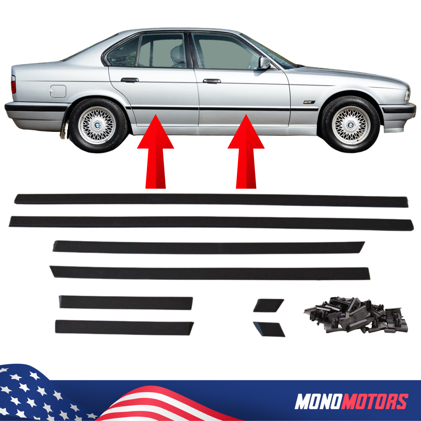 BMW E34 520i 520is Body Side Moulding Trim Set 5 Series 1988 - 1996 W/clips