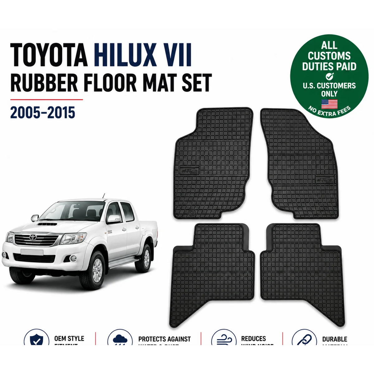 Rubber Floor Mat Set for Toyota Hilux Vii 2005-2015 All Weather 4pcs Black