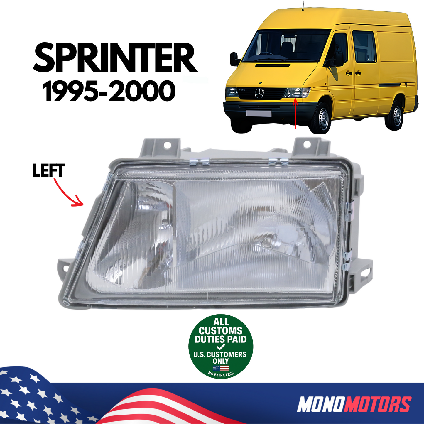 Headlight Left for Mercedes Sprinter 1995-2000 Manual Non-fog A9018200161