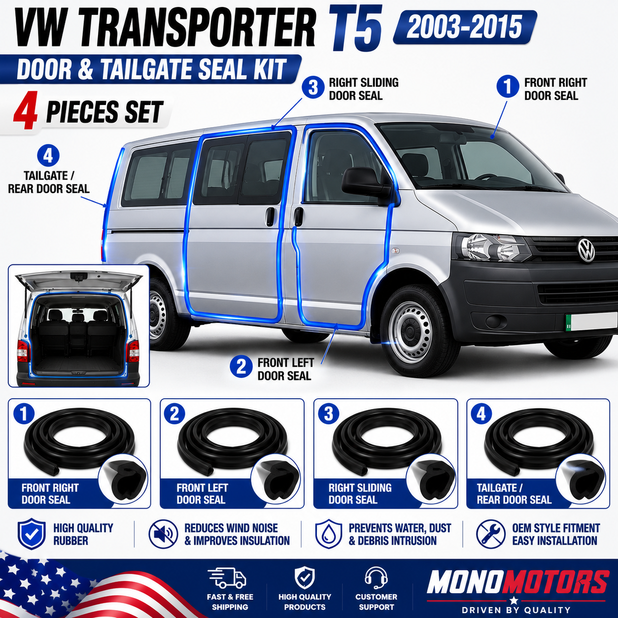 Velvet Door Seal Set for VW Transporter T5 2003–2015 4pcs Rubber