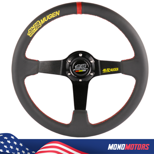 14" Mugen Style Red Stitching Steering Wheel W/horn Button Free Deliver