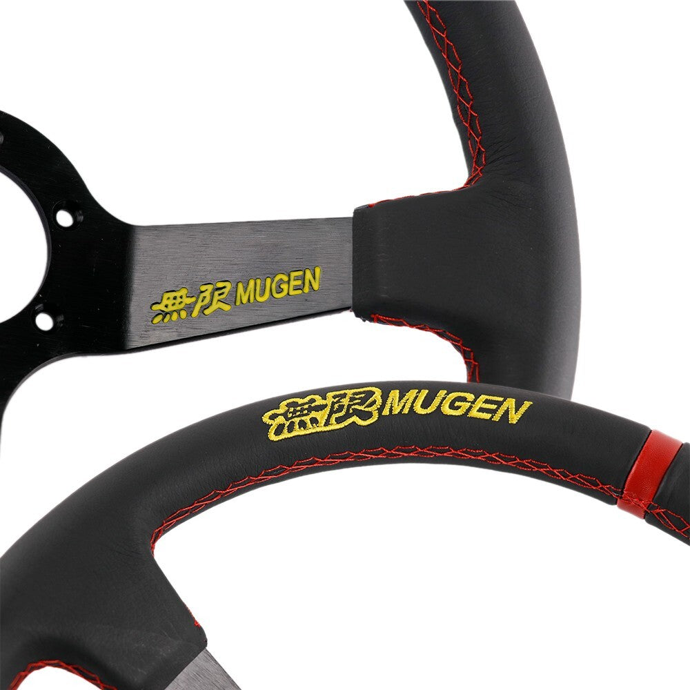 14" Mugen Style Red Stitching Steering Wheel W/horn Button Free Deliver