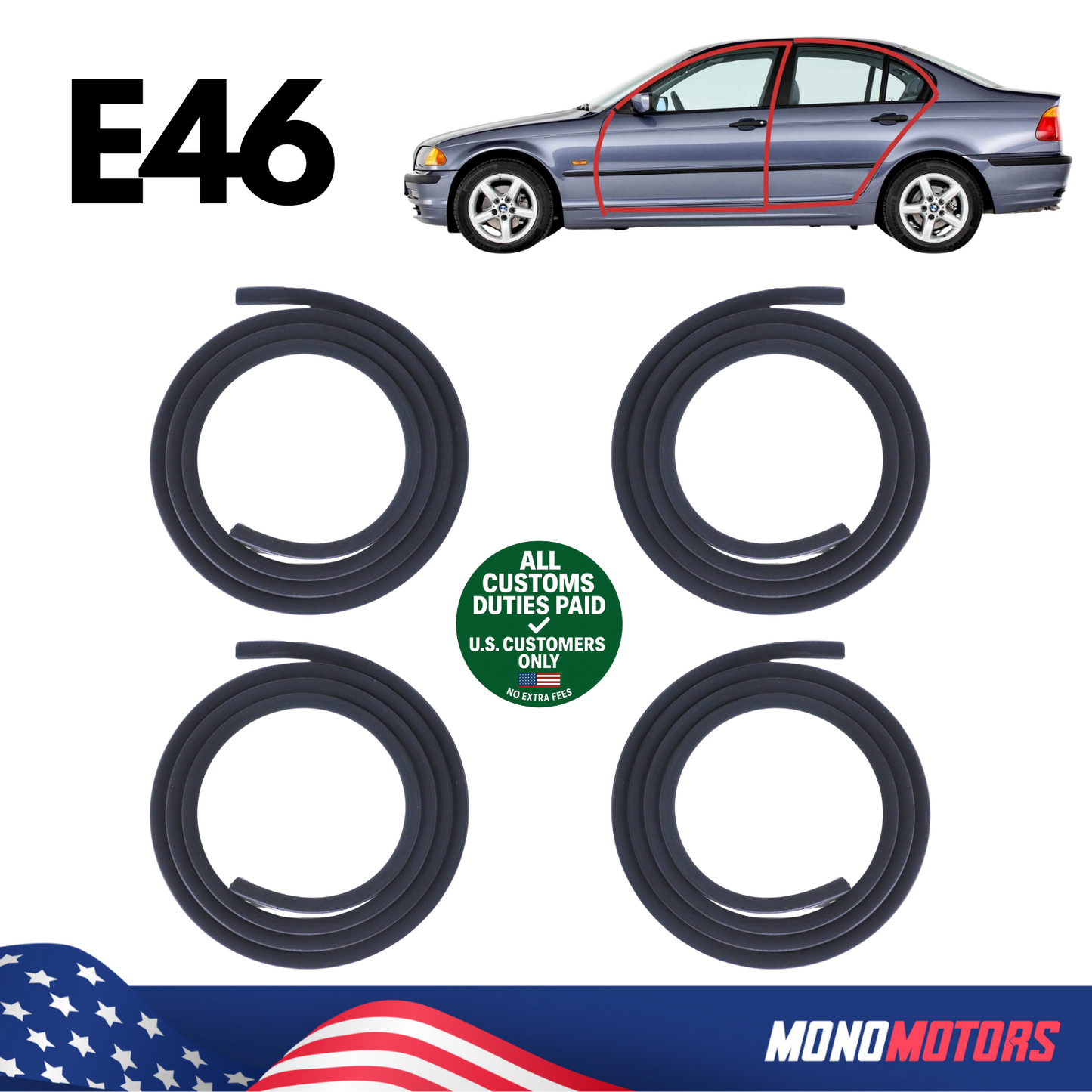 Rubber Door Seal Set Velvet for BMW E46 Sedan OEM 51728196290