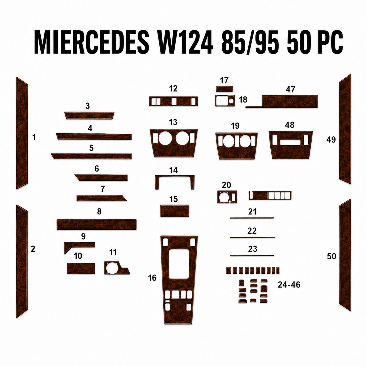 Wood Look Dash Trim Kit for Mercedes W124 Walnut Self Adhesive 1985-1995