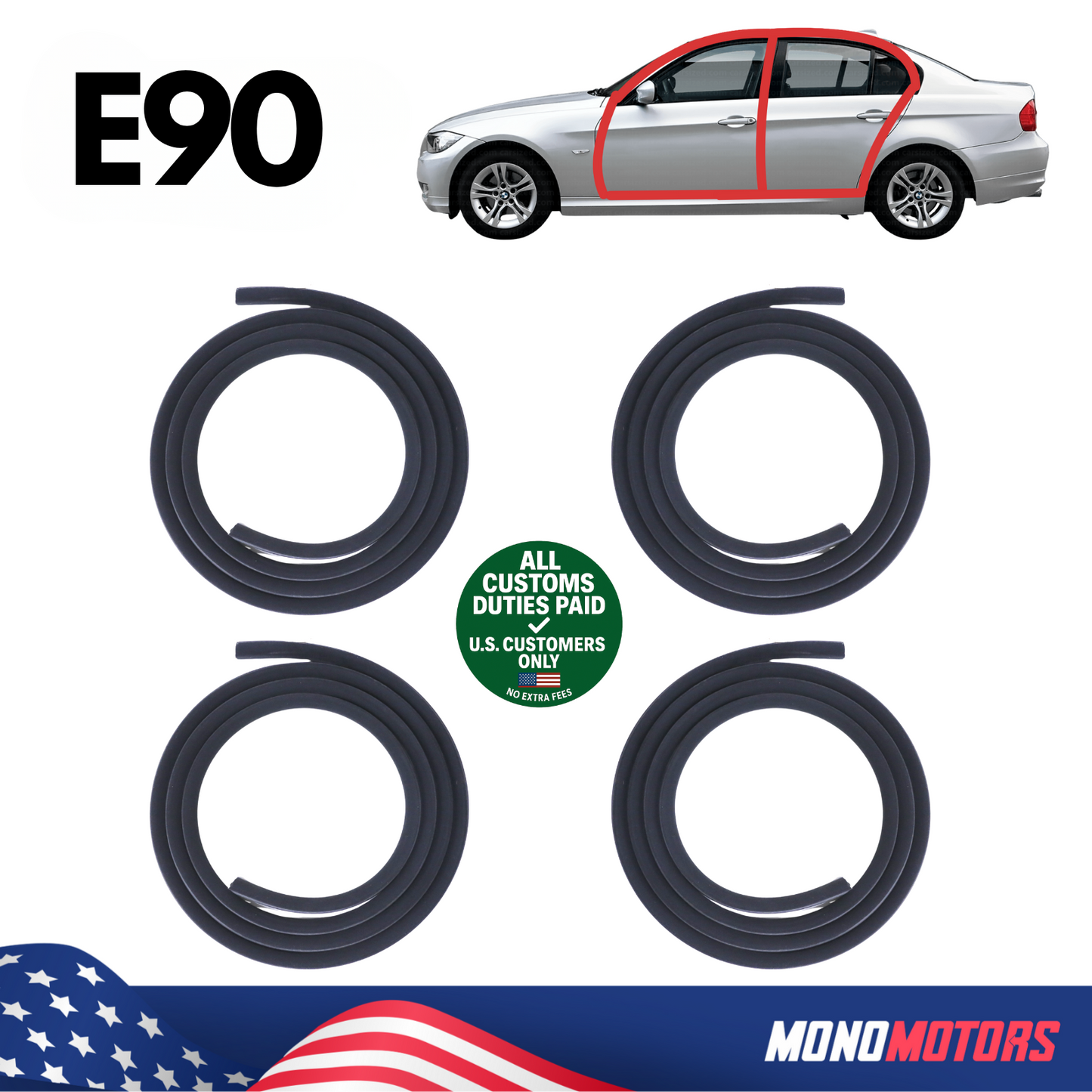 Rubber Door Seal Set Velvet for BMW E90 Sedan OEM 51728196290