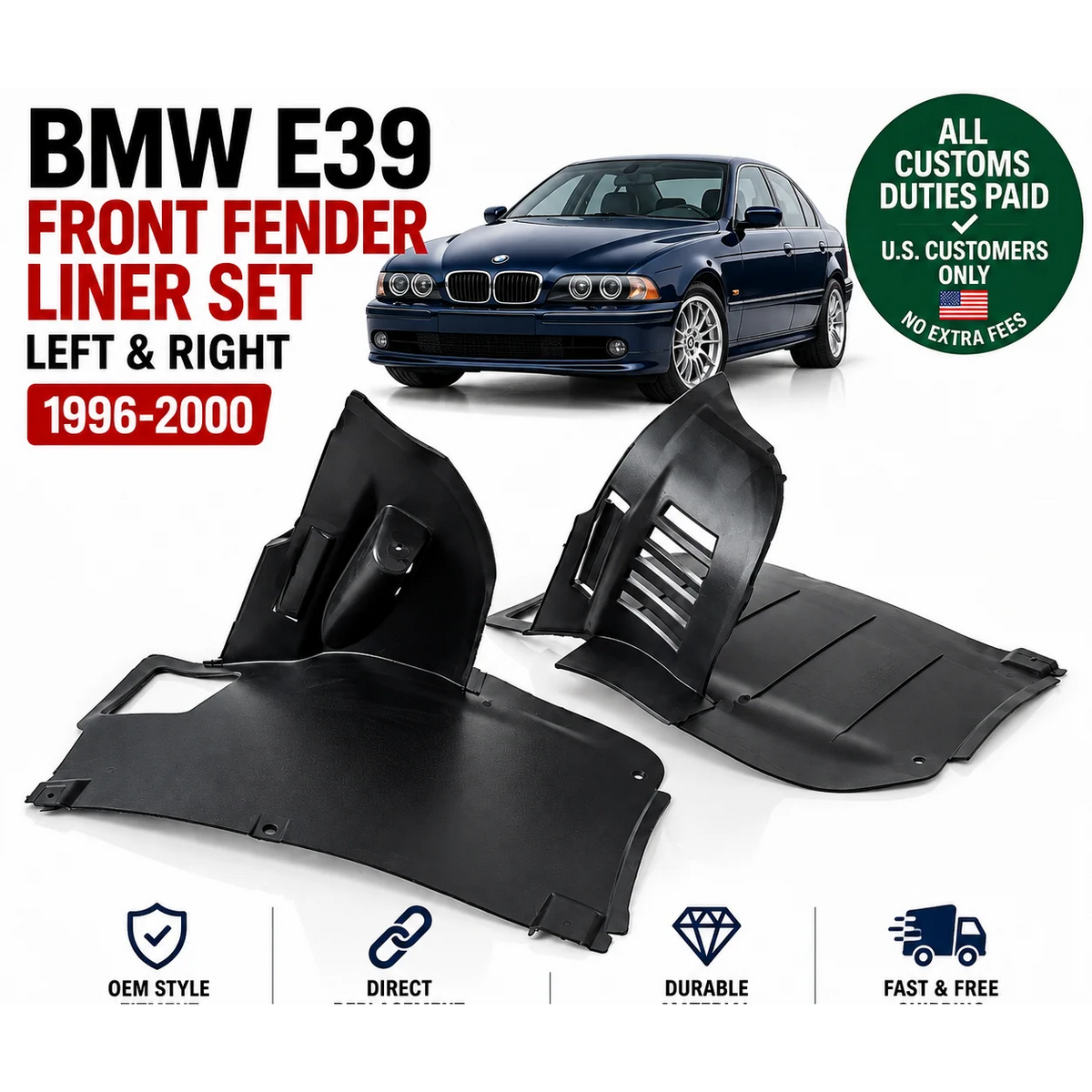 Front Fender Liner Set for BMW E39 5 Series 1996-2000 Left & Right Wheel Arches