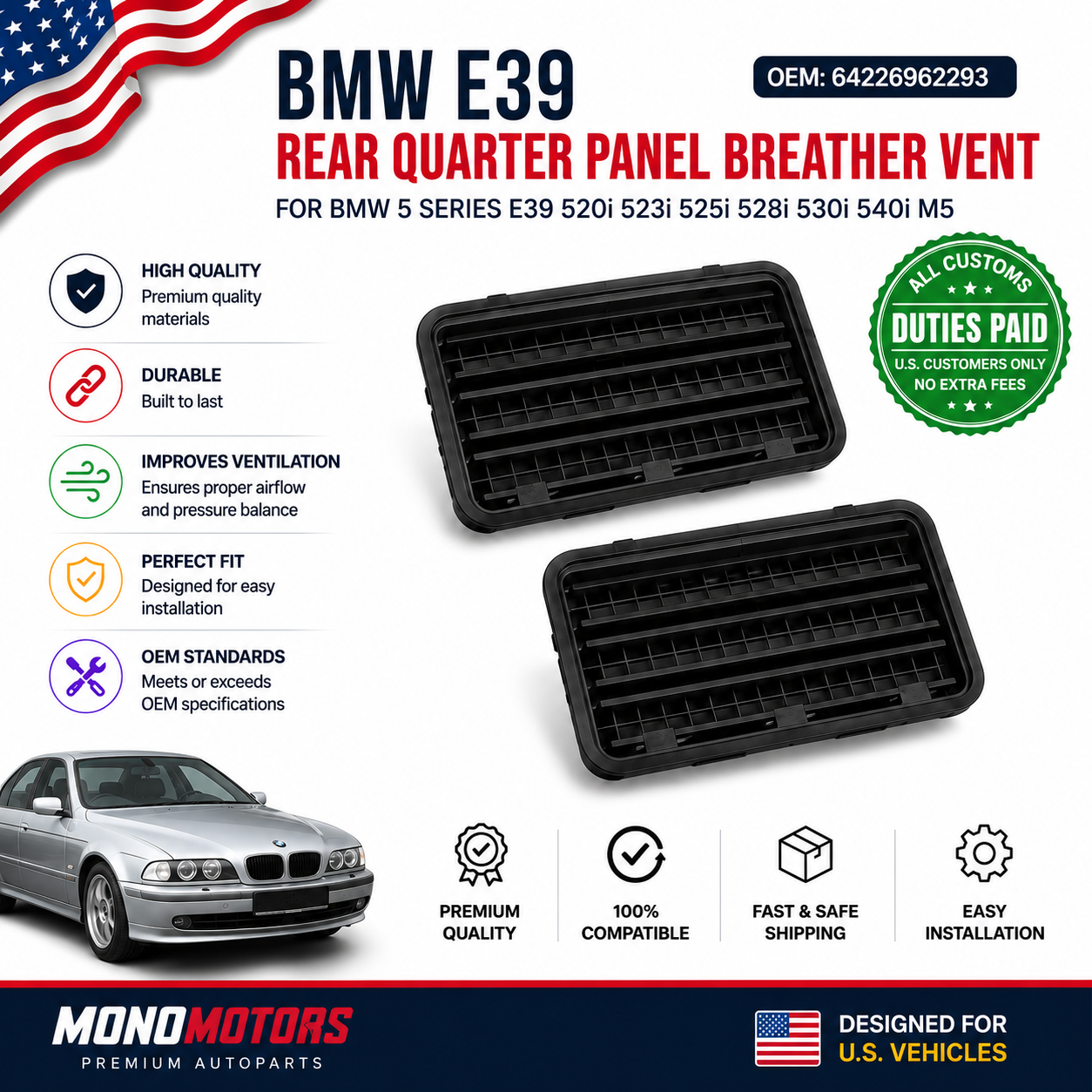 Rear Quarter Panel Breather Vent for BMW E39 OEM 64226962293