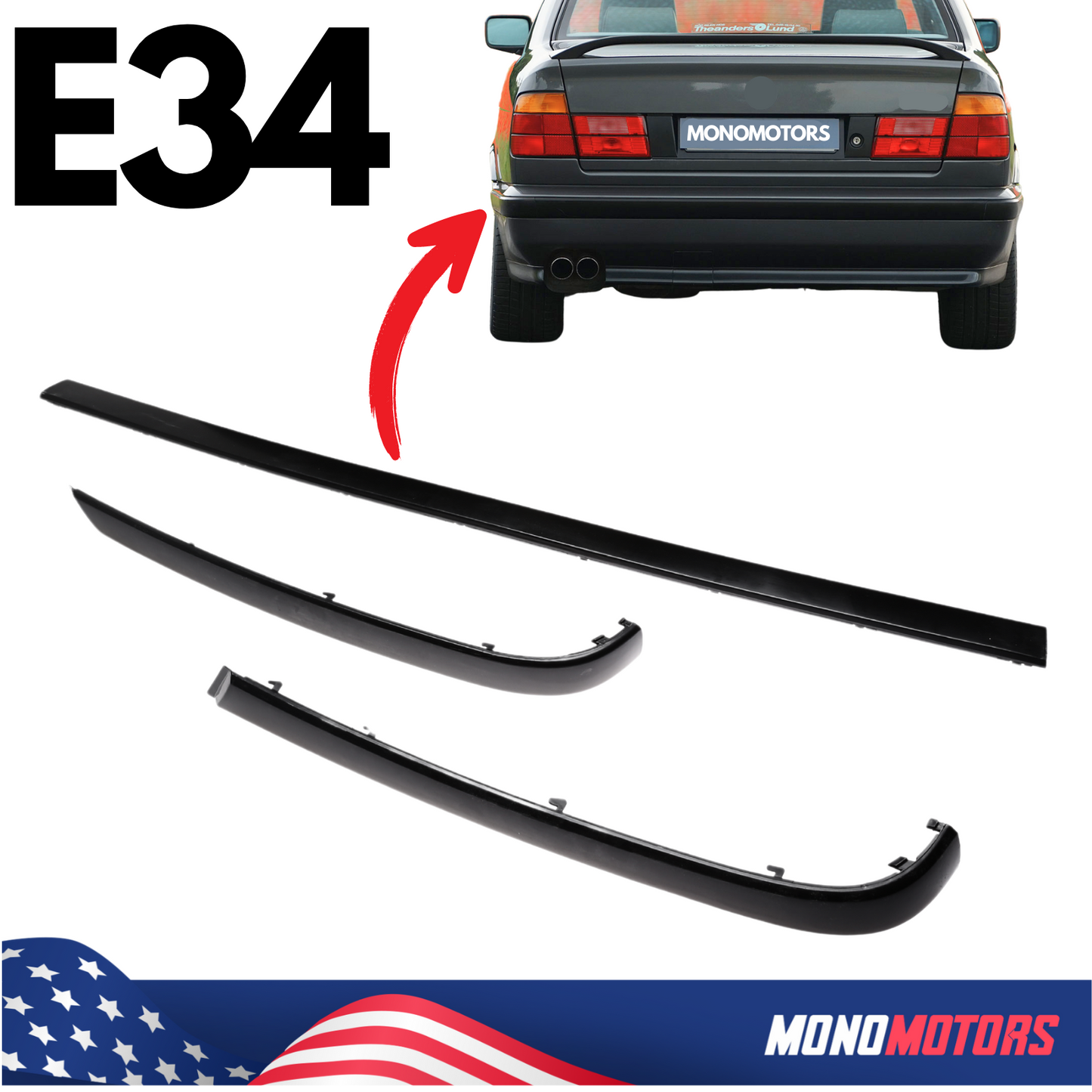 Rear Bumper Mouldings Set Fits BMW 5 Series E34 1987-1996 3pcs Left Right Center
