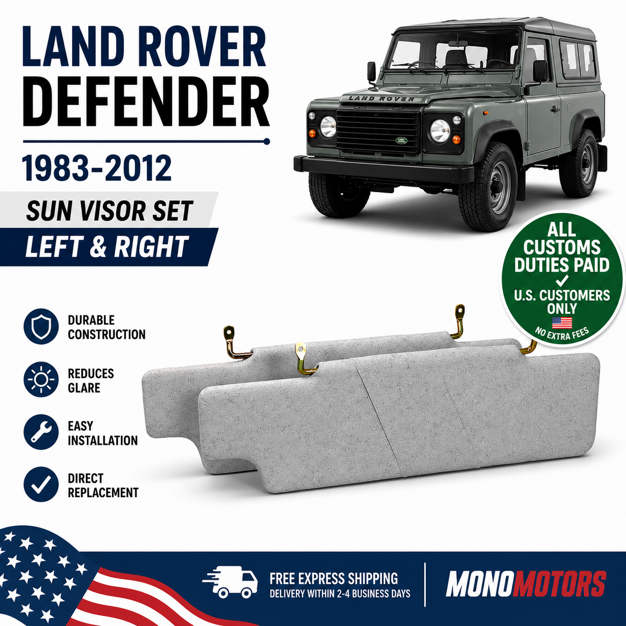 Sun Visor Set Gray Left Right for Land Rover Defender 1983-2012
