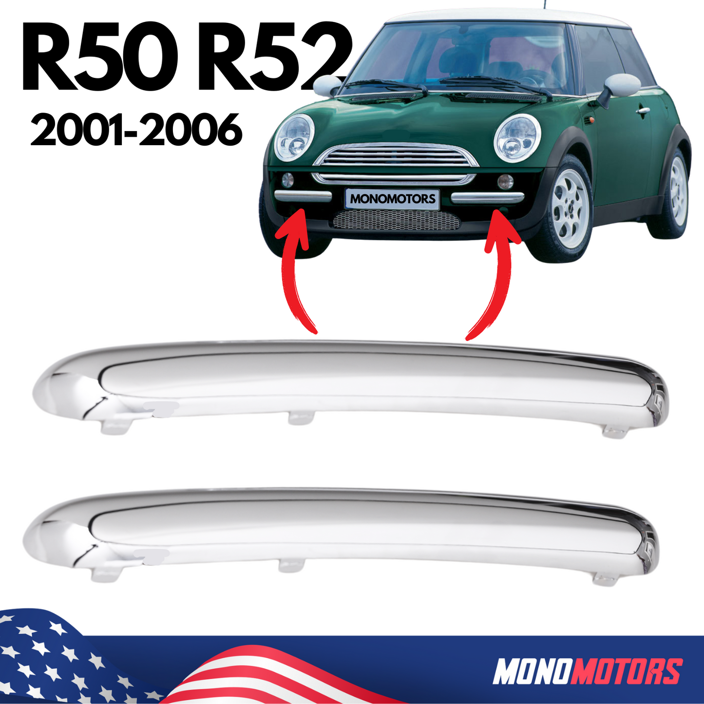 Mini Cooper Front Bumper Chrome Trim R50 R52 2001-2006 Plastic Silver Trim