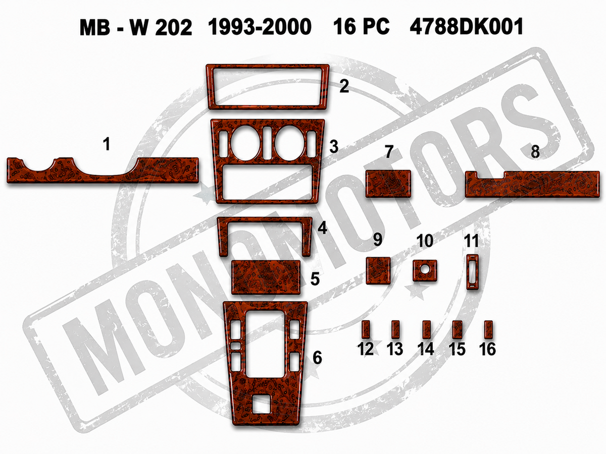 Mahogany Dash Trim Kit for Mercedes C Class W202 1993-2000 16 Pieces Wood Look