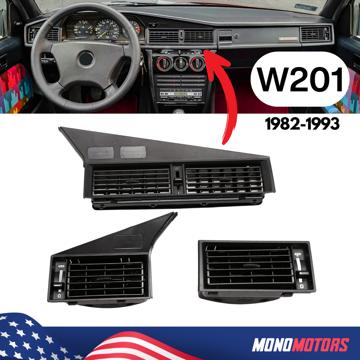 Air Vent Frame Grille for Mercedes W201 190 190e 190d 1982-1993 3pcs Ventilation
