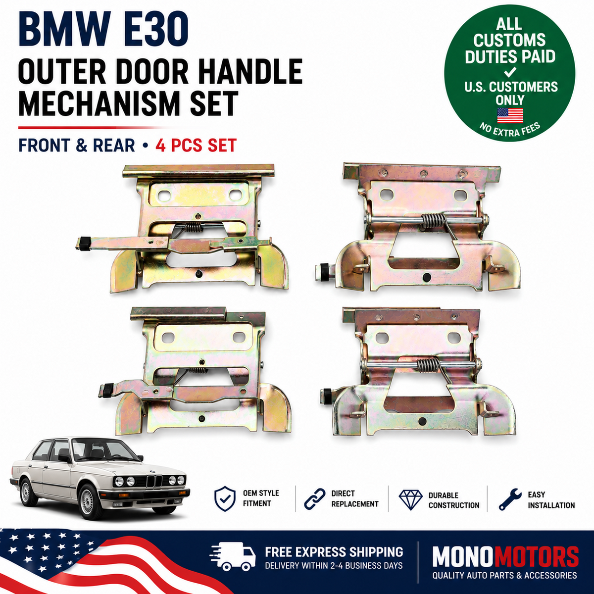 Outer Door Handle Mechanism Set for BMW E30 Front Rear 4 Pcs