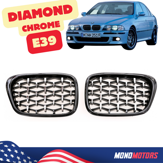 BMW E39 Gloss Black Diamond Chrome Mesh Grille 1996-2003 Kidney Grille Pair