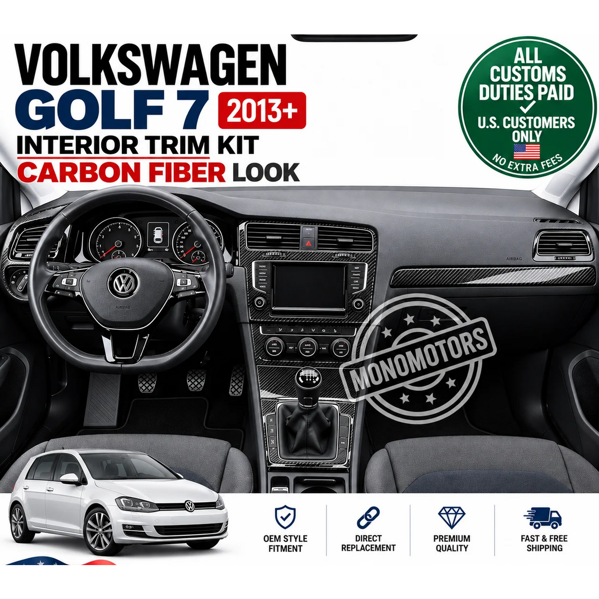 Carbon Fiber Look Trim Kit for Volkswagen Golf 7 MK7 2013+ Interior Dash