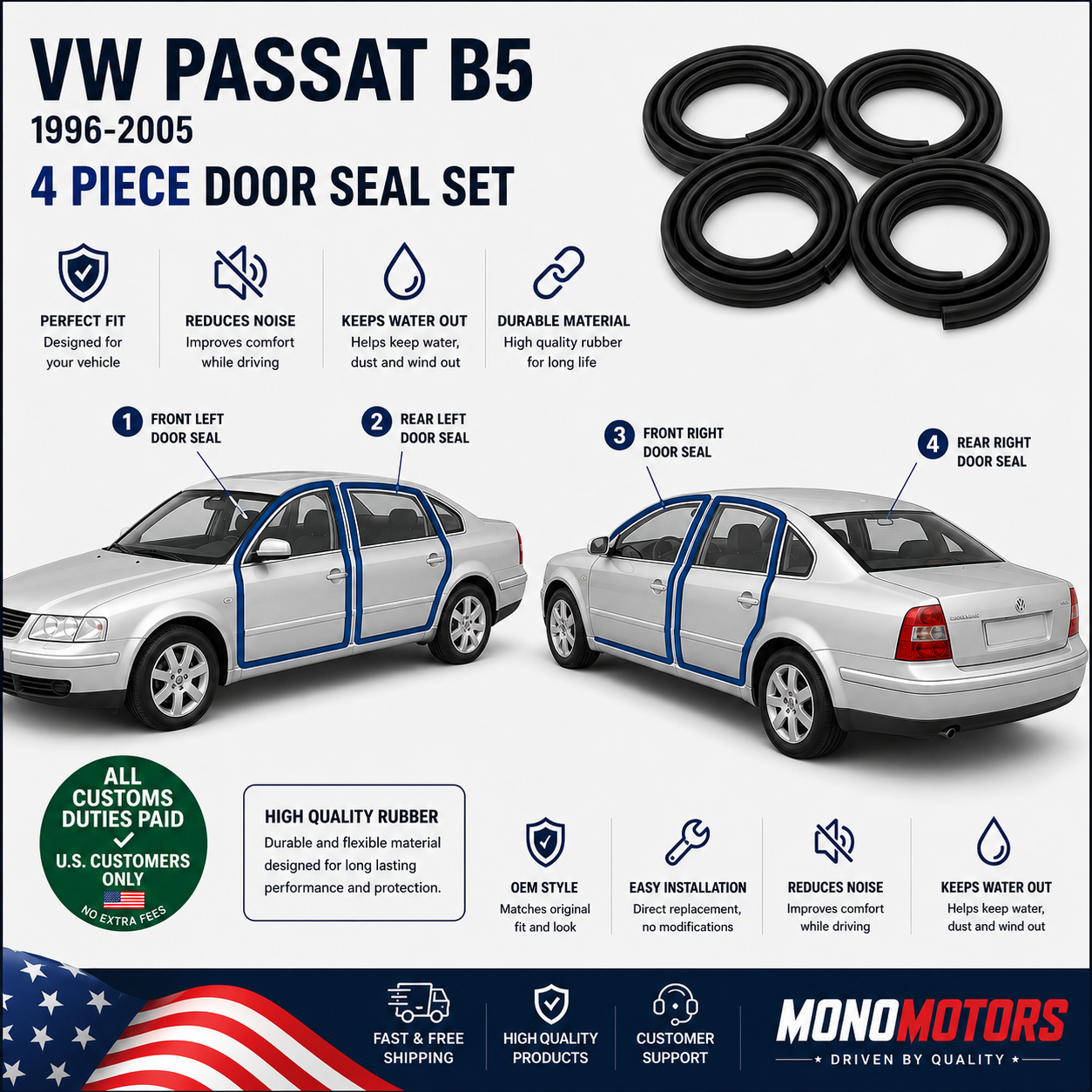Velvet Door Seal Set for VW Passat B5 1996-2005 4pcs Rubber