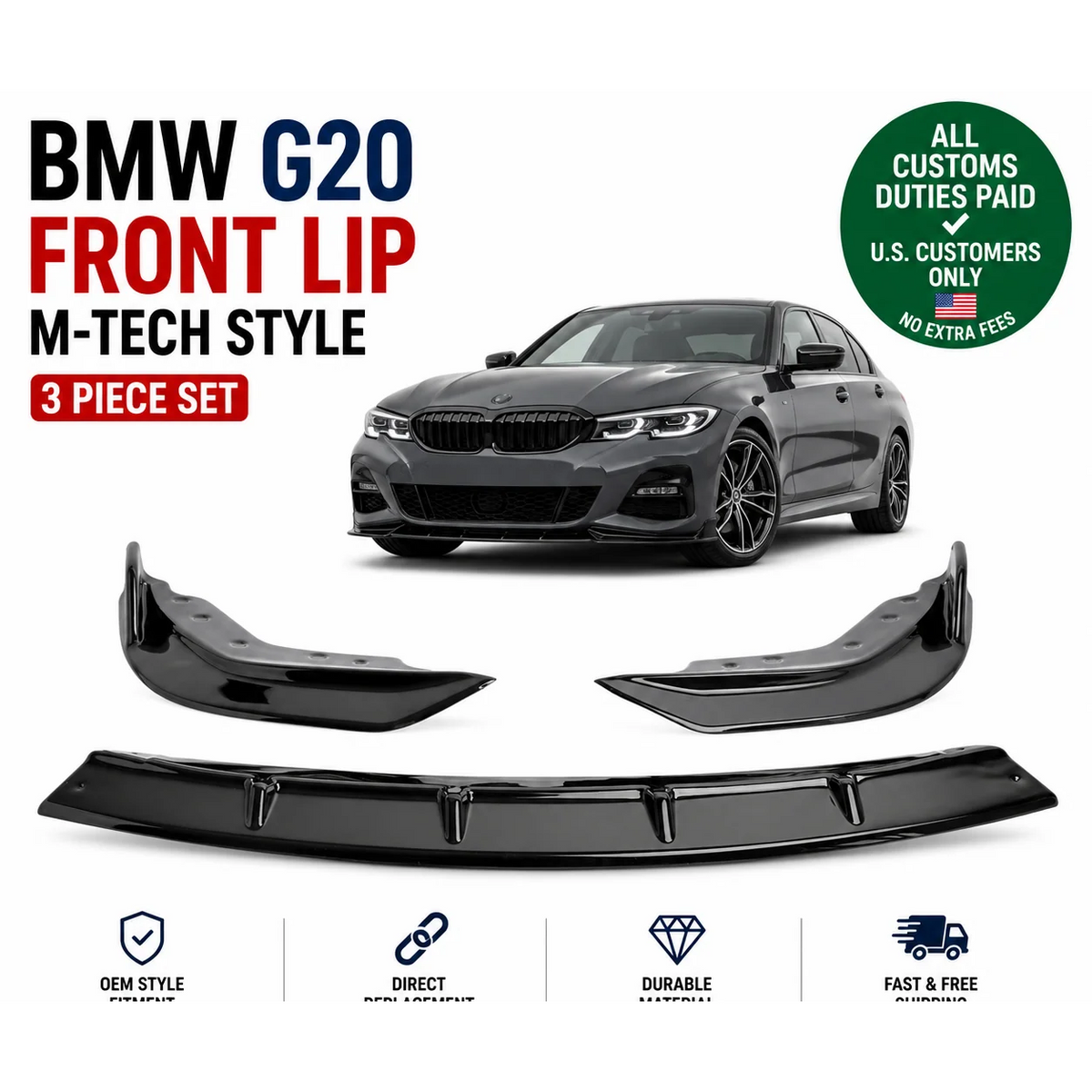 Front Lip for BMW 3 Series G20 M-tech Style Gloss Black 3pc Splitter