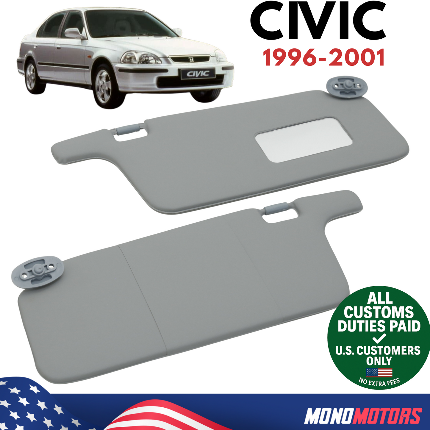 Sun Visor Set for Honda Civic 1996-2001 Grey with Passenger Mirror