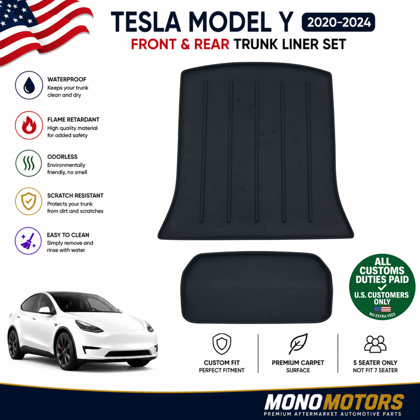 Trunk Liner Set for Tesla Model Y 2020-2024 Front Rear Black Mats Rugged Textile