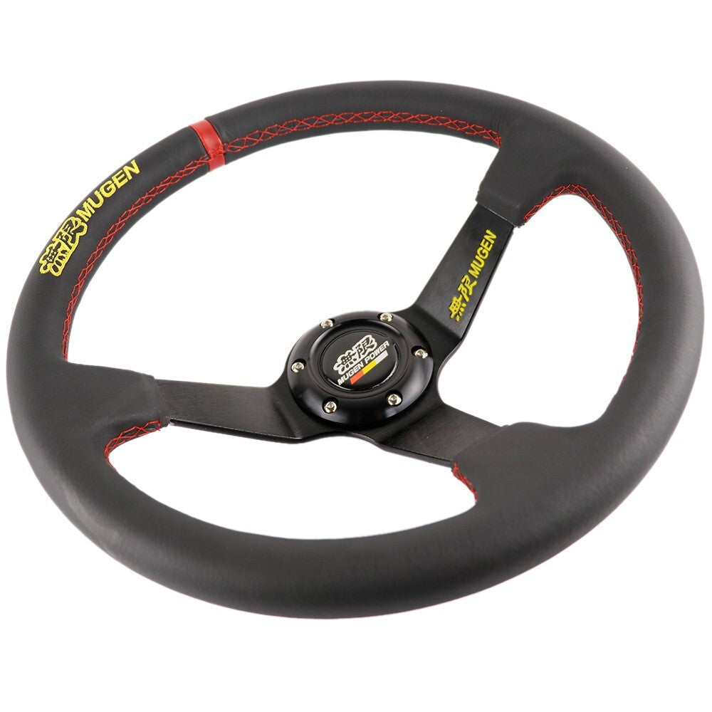14" Mugen Style Red Stitching Steering Wheel W/horn Button Free Deliver