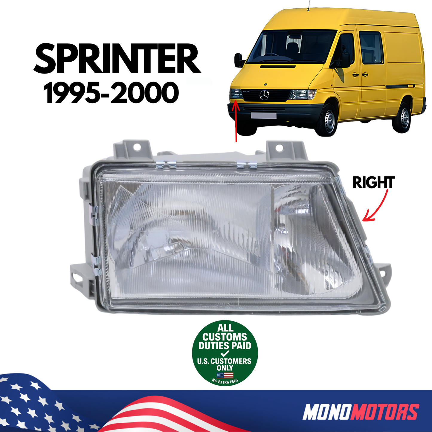 Headlight Right for Mercedes Sprinter 1995-2000 Manual Non-fog A9018200261