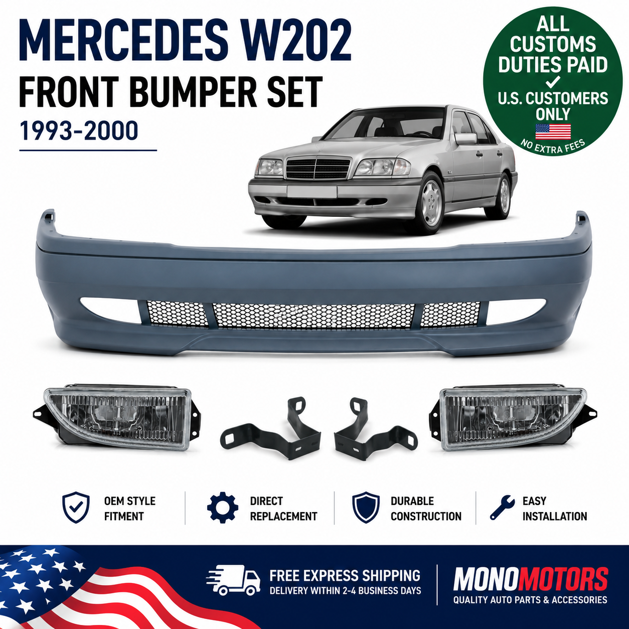 Front Bumper Set for Mercedes Benz W202 C Class 1993-2000 Fog Lights