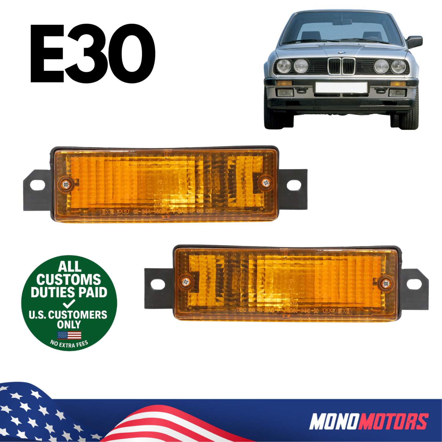 Front Bumper Indicator Turn Lights Amber Right & Left Set for BMW E30 1988–1991