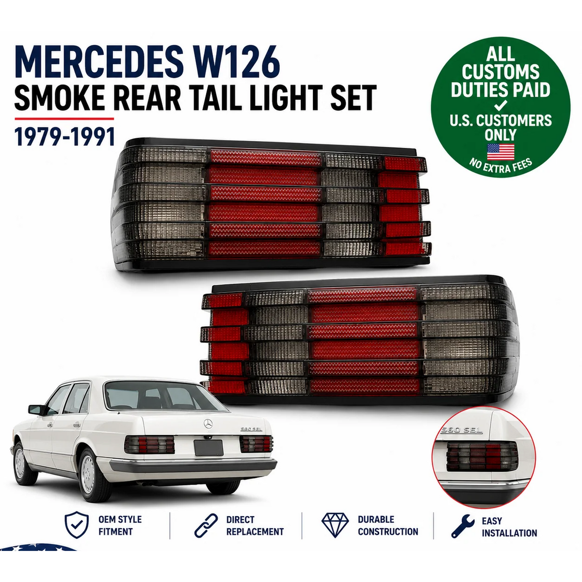 Smoke Rear Tail Light Set for Mercedes Benz W126 1979-1991 Left Right