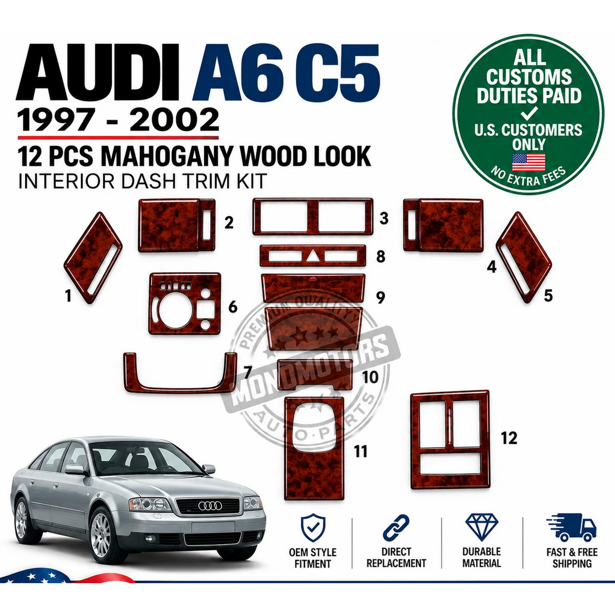 Mahogany Wood Look Dash Trim Kit for Audi A6 C5 1997-2002 12 Pcs