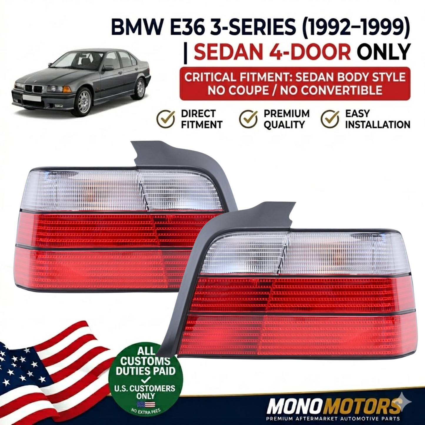 Rear Tail Light Set for BMW E36 Sedan White Indicator Left Right